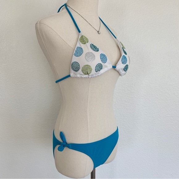 NWOT VS Blue Rhinestone Crystal Dot Triangle Bikini Side-Tie Bottoms Swim Set - Picture 4 of 14